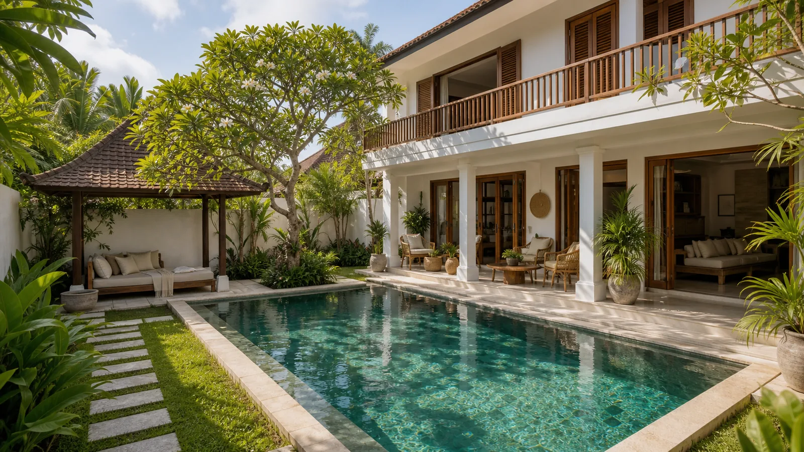 Sanur residential villa courtyard with private pool and shaded veranda