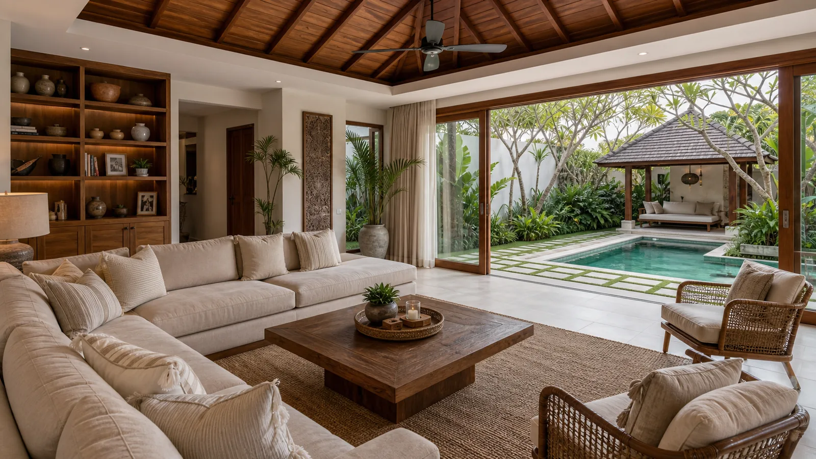 Nusa Dua residential villa living room opening to garden pool