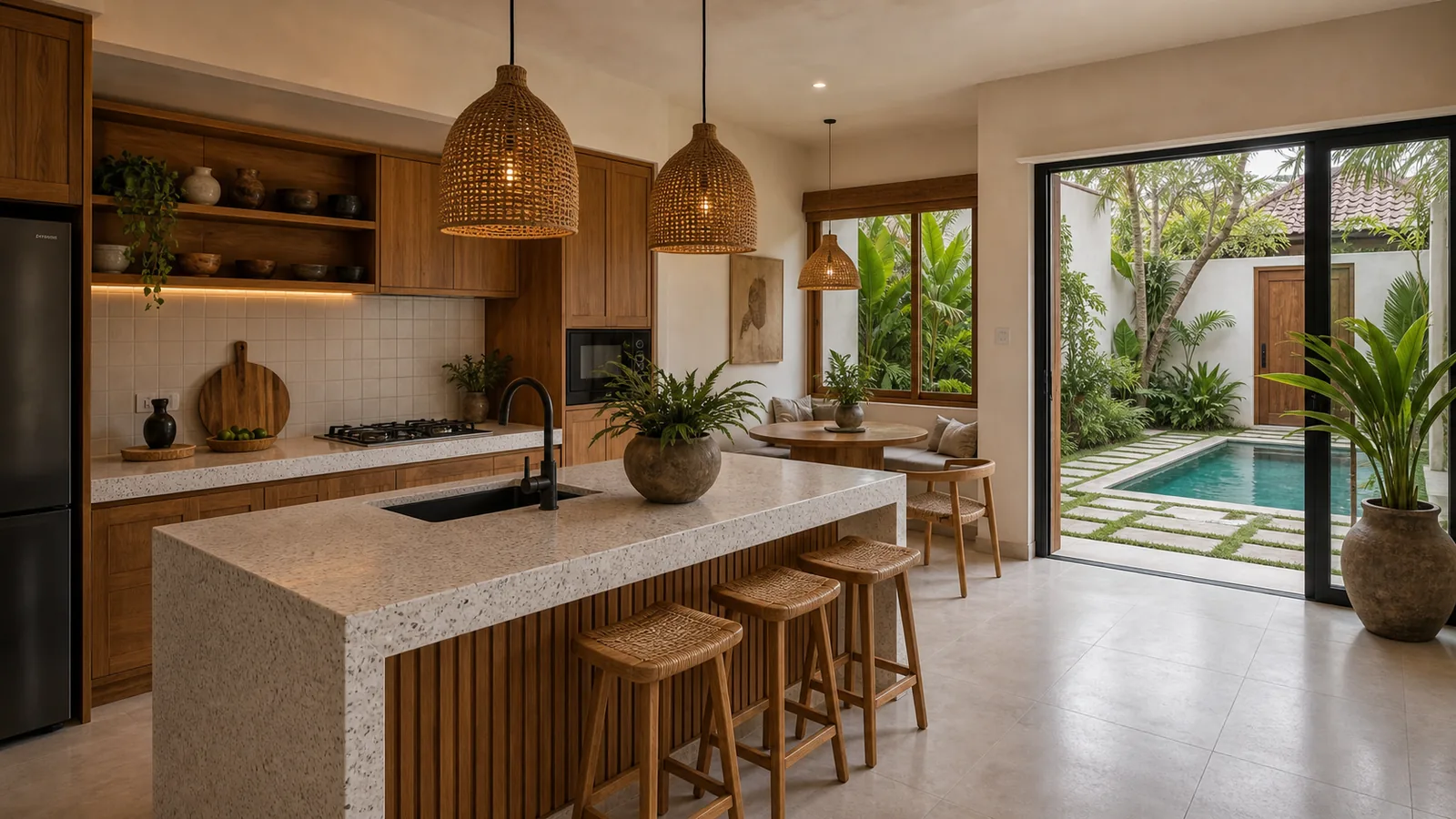 Sanur residential villa kitchen beside small pool courtyard