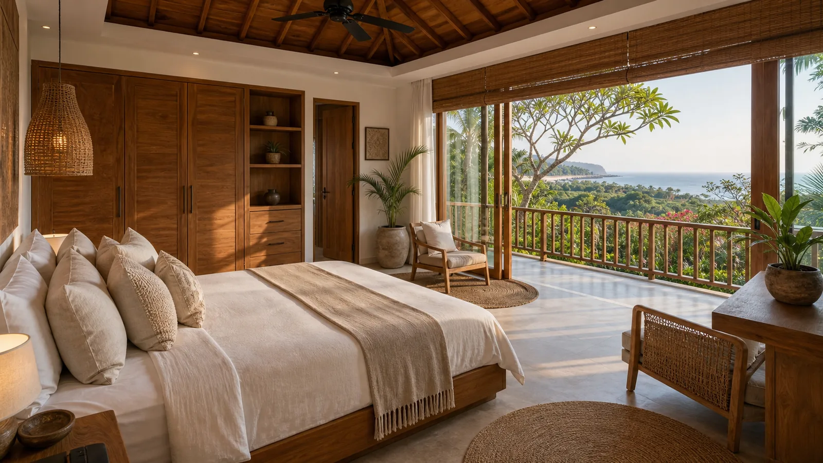Jimbaran residential hillside villa bedroom with balcony and bay view