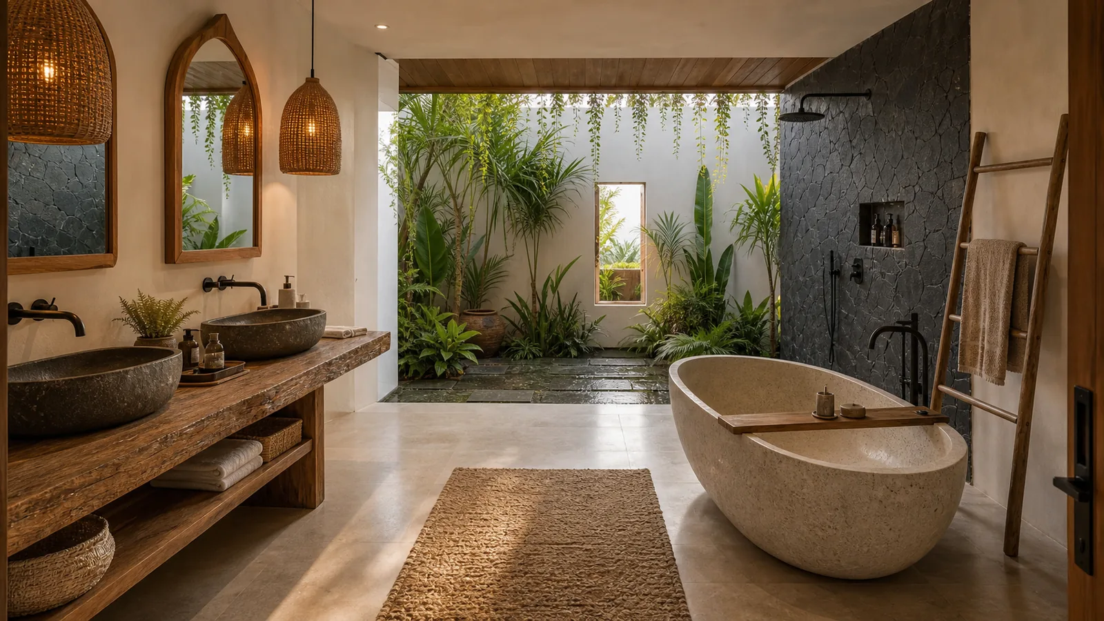 Ubud residential villa semi-open bathroom with garden courtyard