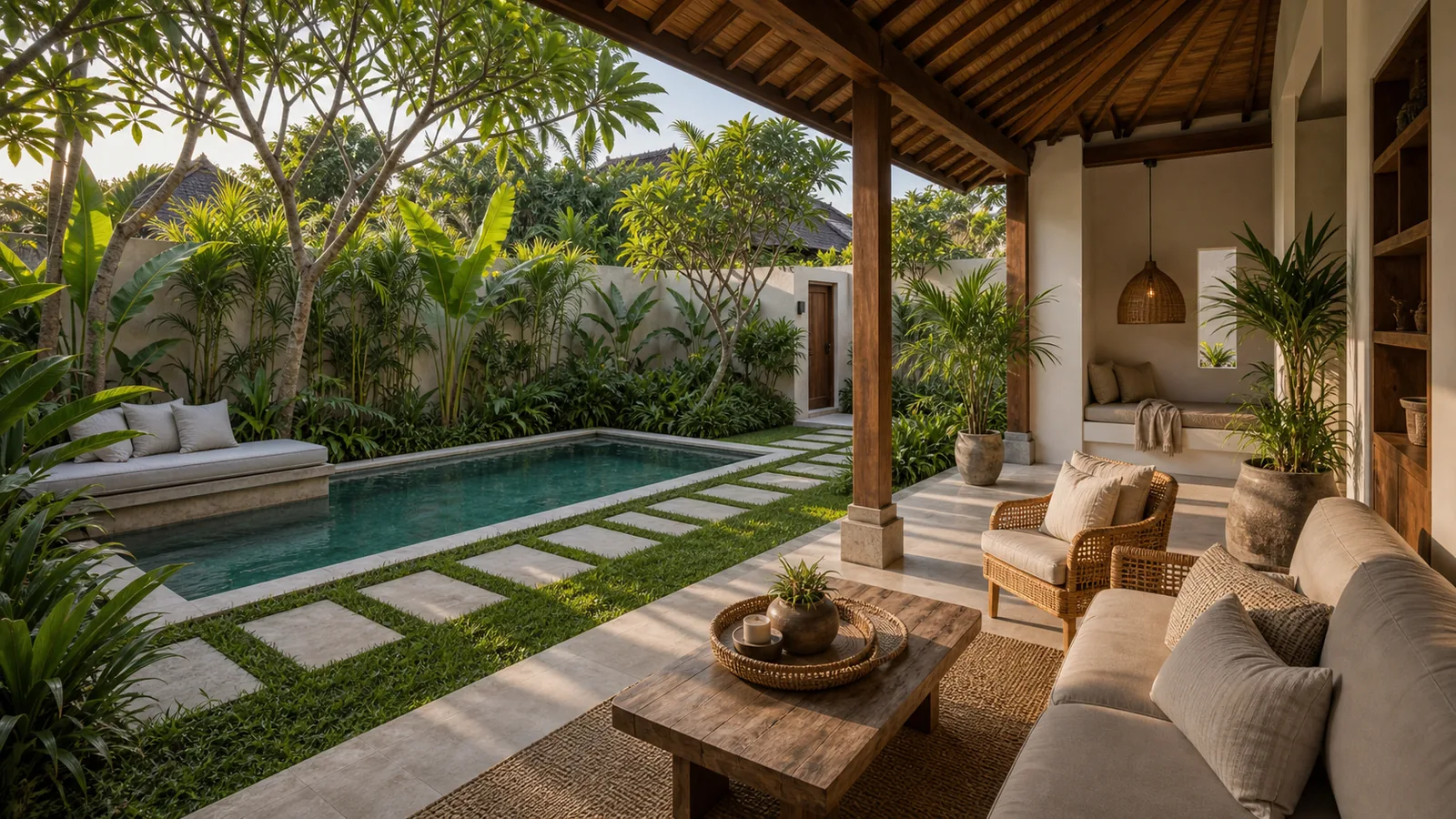 Canggu residential villa covered terrace with compact pool and garden
