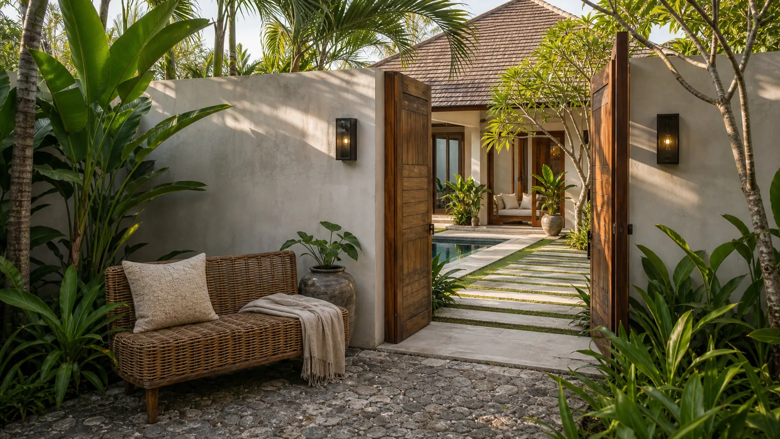 Sanur family villa entrance with garden and pool glimpse