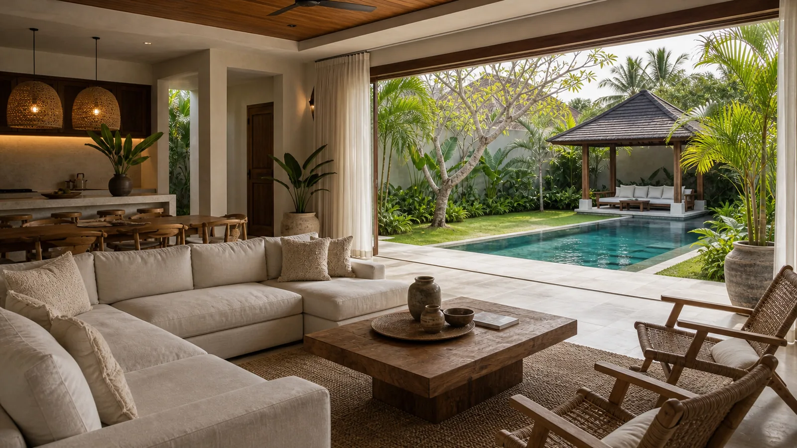Jimbaran family villa living room opening to garden pool