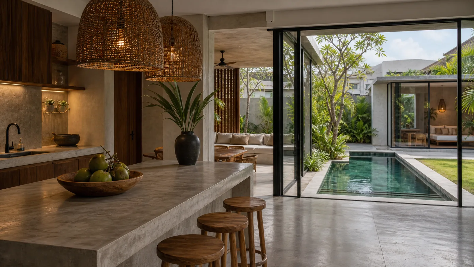 Canggu modern tropical villa kitchen beside pool courtyard