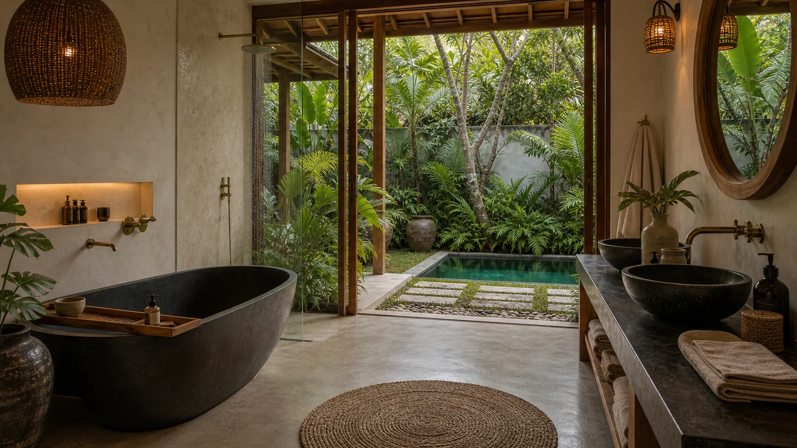 Ubud open-air villa bathroom with stone bathtub and garden pool