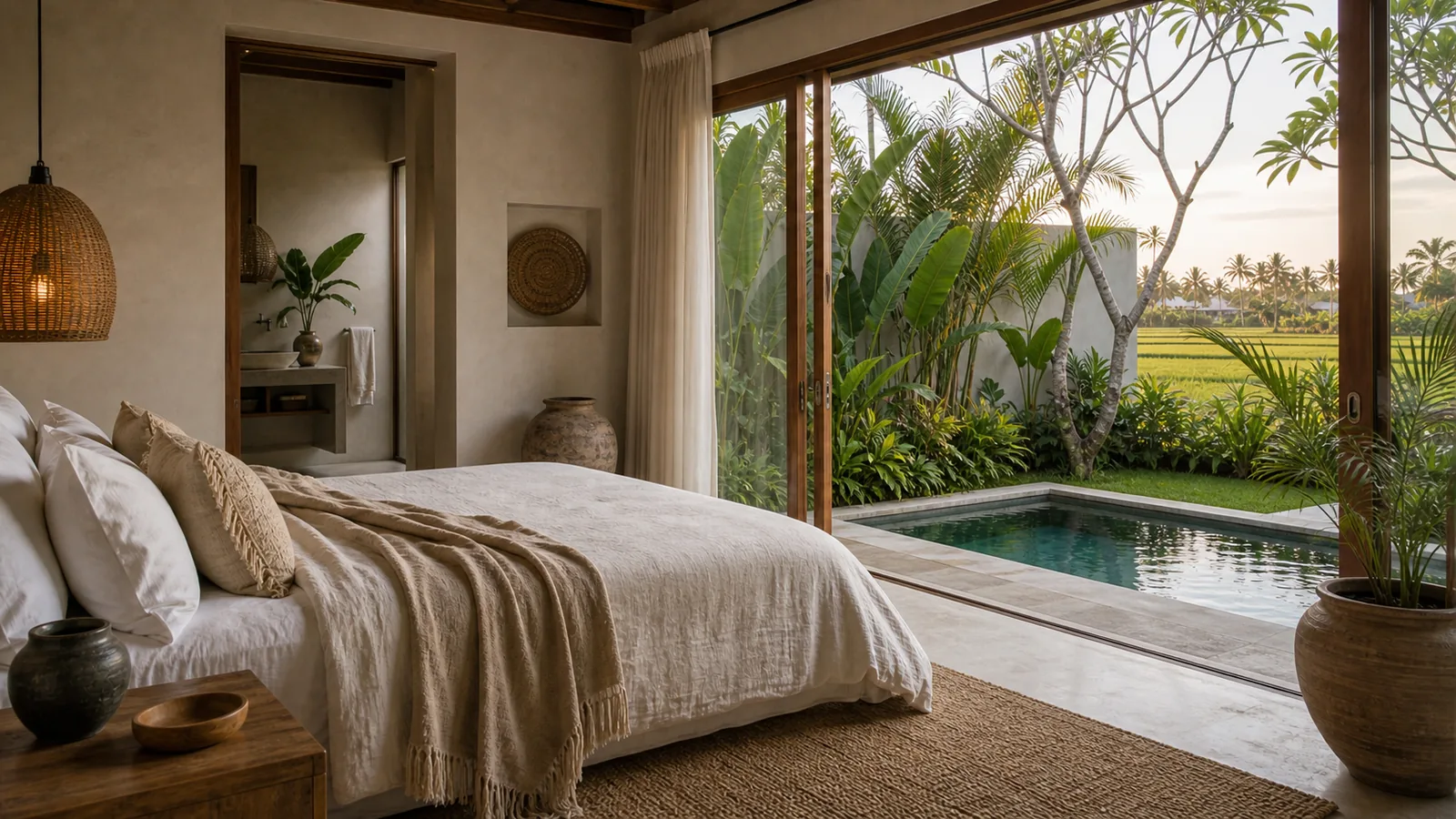 Pererenan villa bedroom opening to private courtyard pool