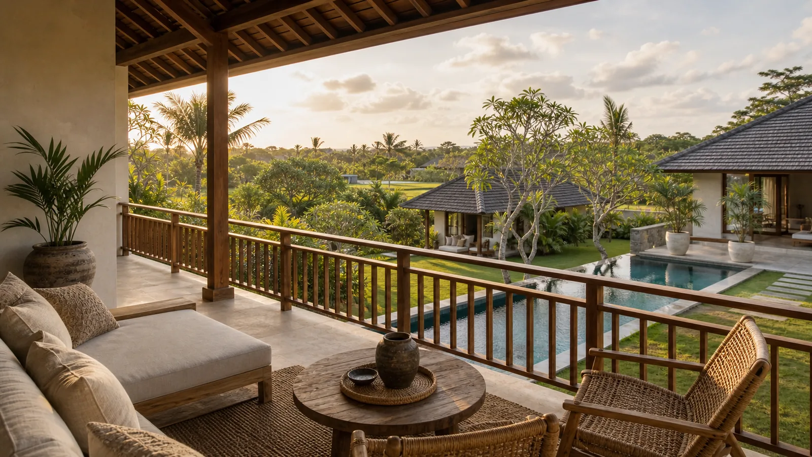 Nusa Dua estate villa terrace overlooking garden and lap pool
