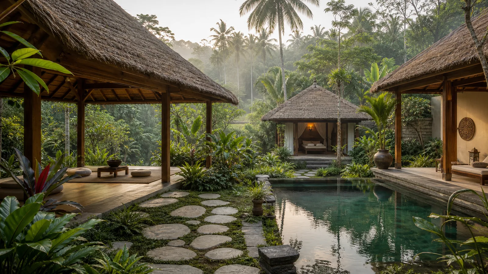 Ubud Bali villa hero: Ubud retreat property with wellness pavilion, guest pavilions, pool and garden circulation: hero villa scene