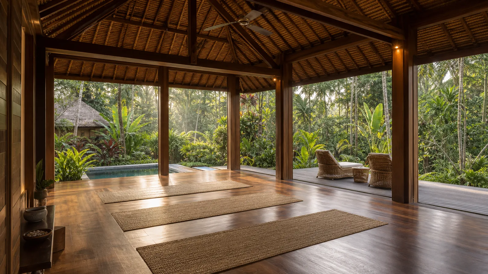 Ubud Bali villa main room: Ubud retreat property with wellness pavilion, guest pavilions, pool and garden circulation: main room villa scene