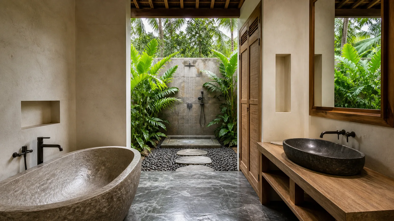 Ubud Bali villa architecture detail: Ubud retreat property with wellness pavilion, guest pavilions, pool and garden circulation: architecture detail villa scene