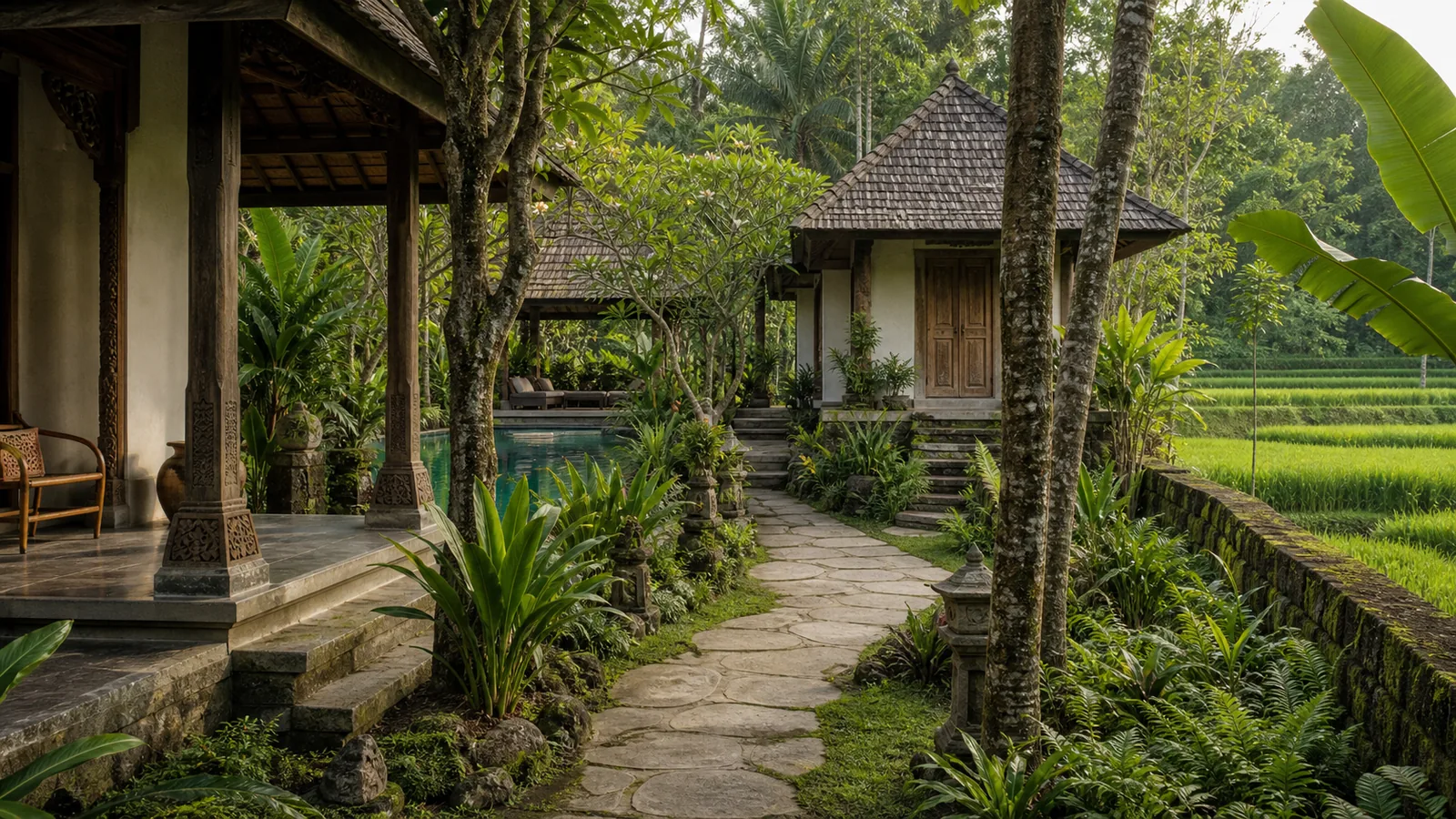 Ubud Bali villa location feel: Ubud retreat property with wellness pavilion, guest pavilions, pool and garden circulation: location feel villa scene