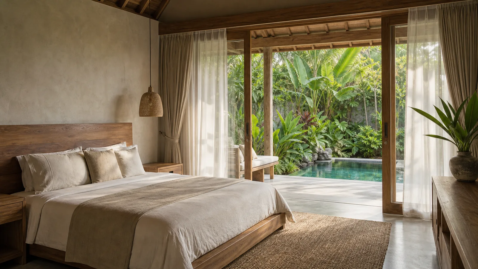 Ubud Bali villa guest experience: Ubud retreat property with wellness pavilion, guest pavilions, pool and garden circulation: guest experience villa scene
