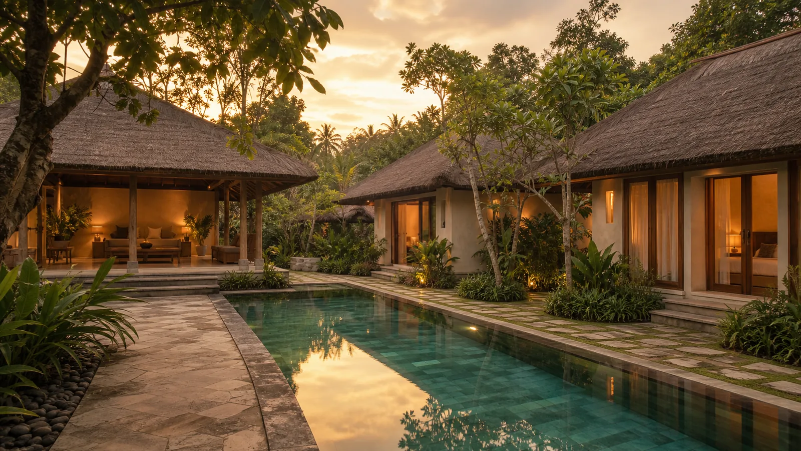 Ubud Bali villa final villa scene: Ubud retreat property with wellness pavilion, guest pavilions, pool and garden circulation: final villa scene