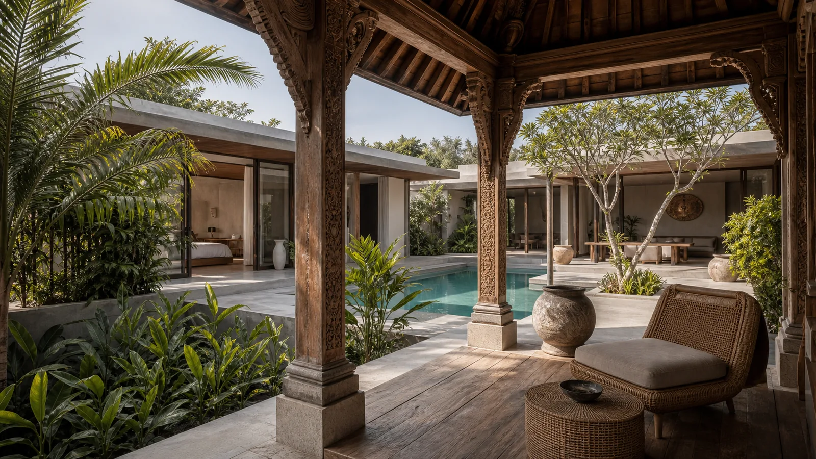 Canggu Bali villa hero: Joglo pavilion entrance with carved teak columns, rattan lounge detail, and tropical planting