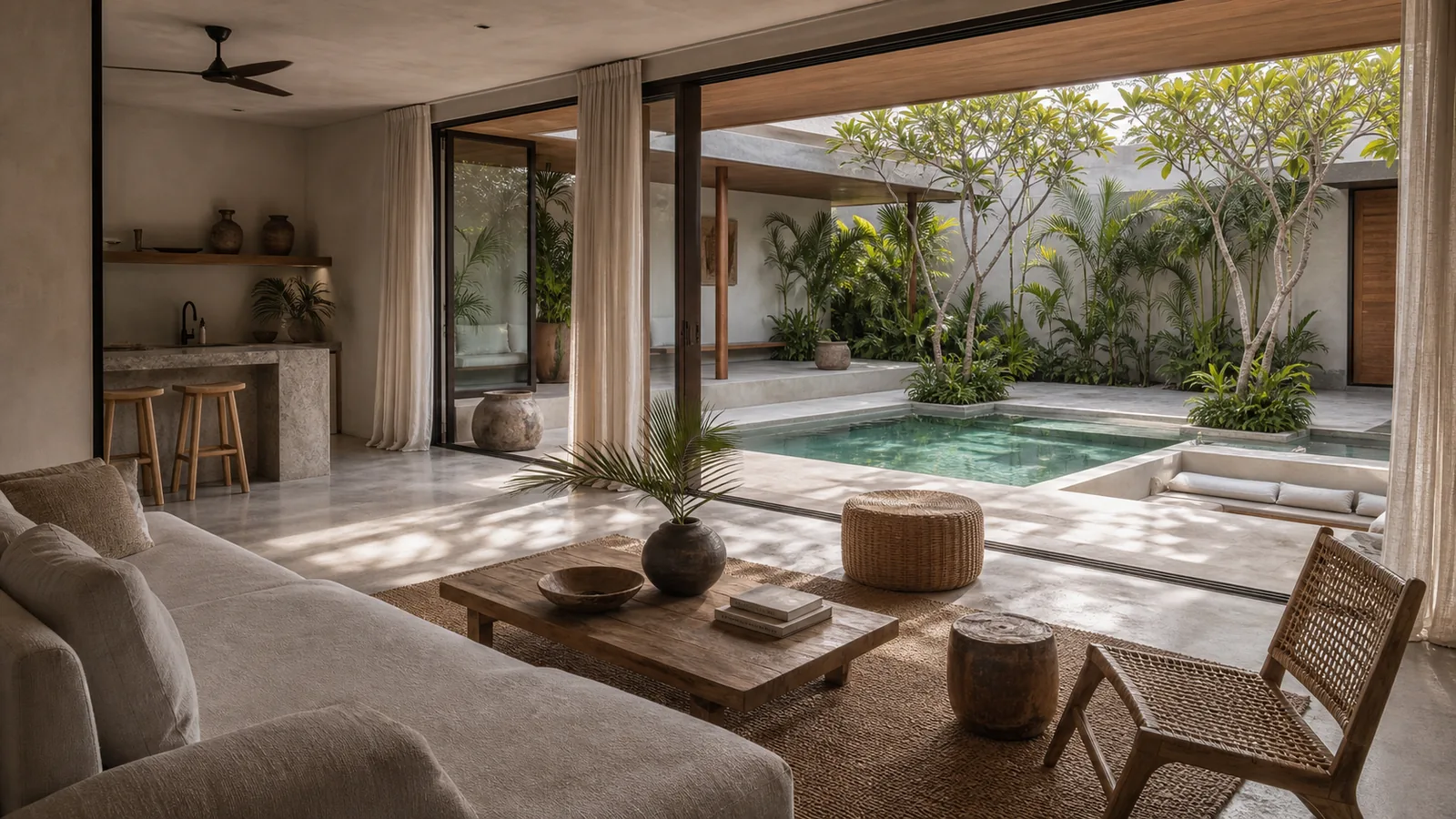 Canggu Bali villa main room: open living room with linen sofa, rattan chairs, stone floor, and pool courtyard beyond