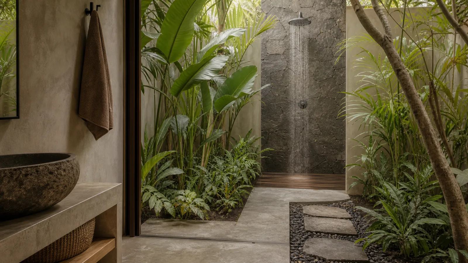 Canggu Bali villa architecture detail: outdoor shower garden with stone wall, tropical leaves, and warm natural materials
