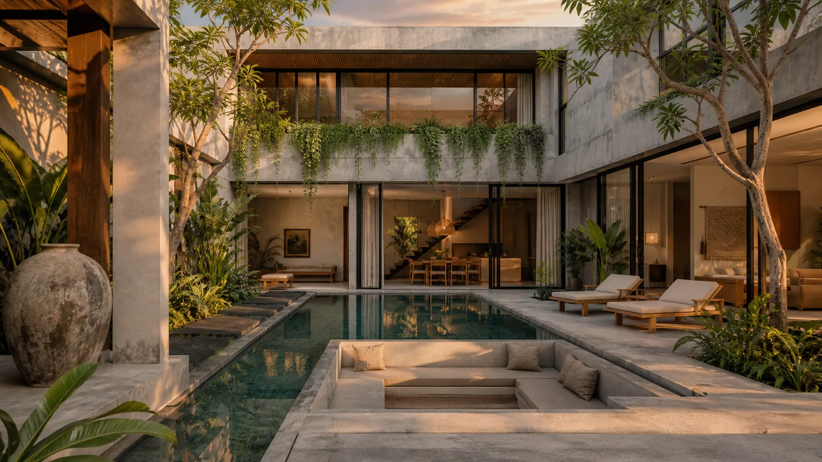 Canggu Bali villa location feel: villa facade and courtyard view tuned to the selected Bali location and architectural style
