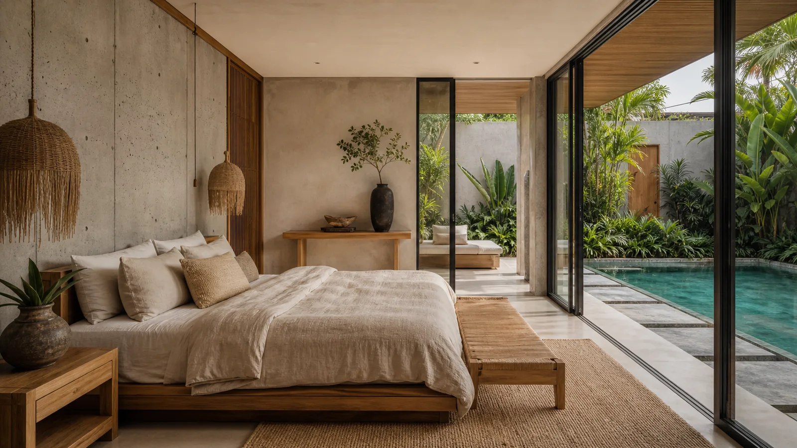 Canggu Bali villa guest experience: guest bedroom with linen bed, woven rug, teak side table, and garden or pool transition