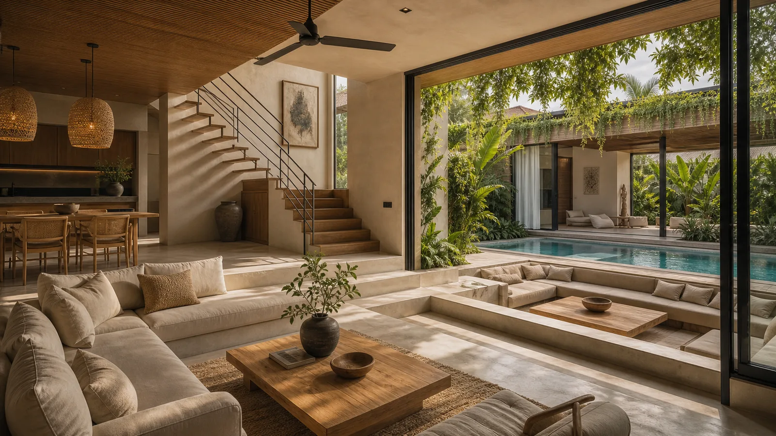 Canggu Bali villa final villa scene: wide living room and garden composition that feels ready for a serious buyer shortlist