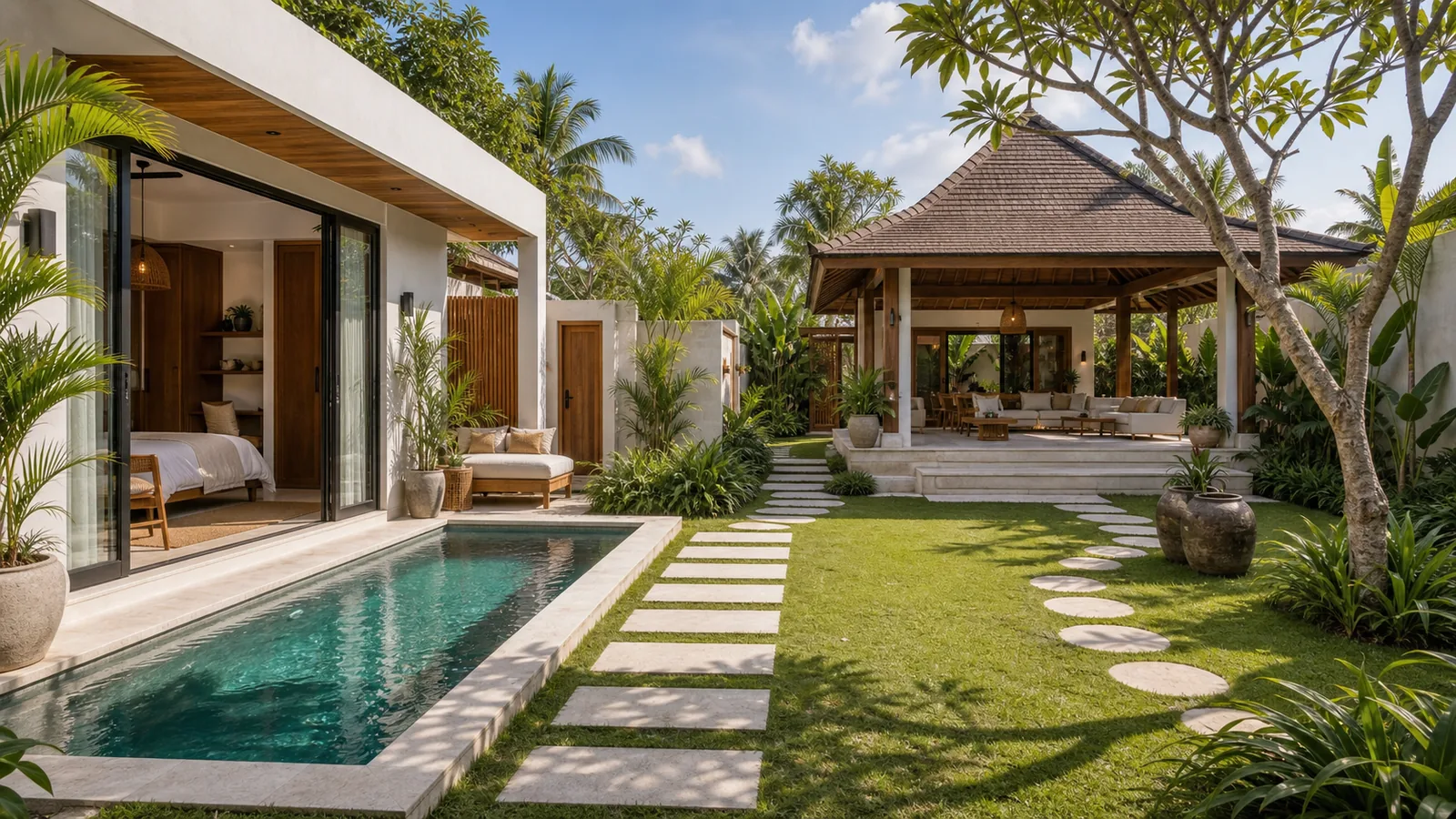 Bali villa courtyard showing compact and larger pavilion zones