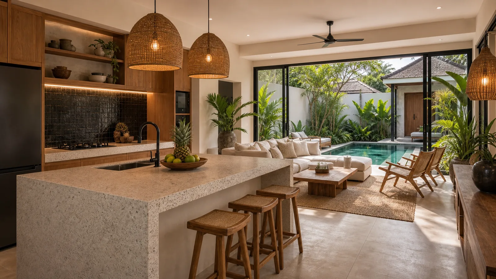 Seminyak leasehold villa kitchen and living pavilion beside pool courtyard