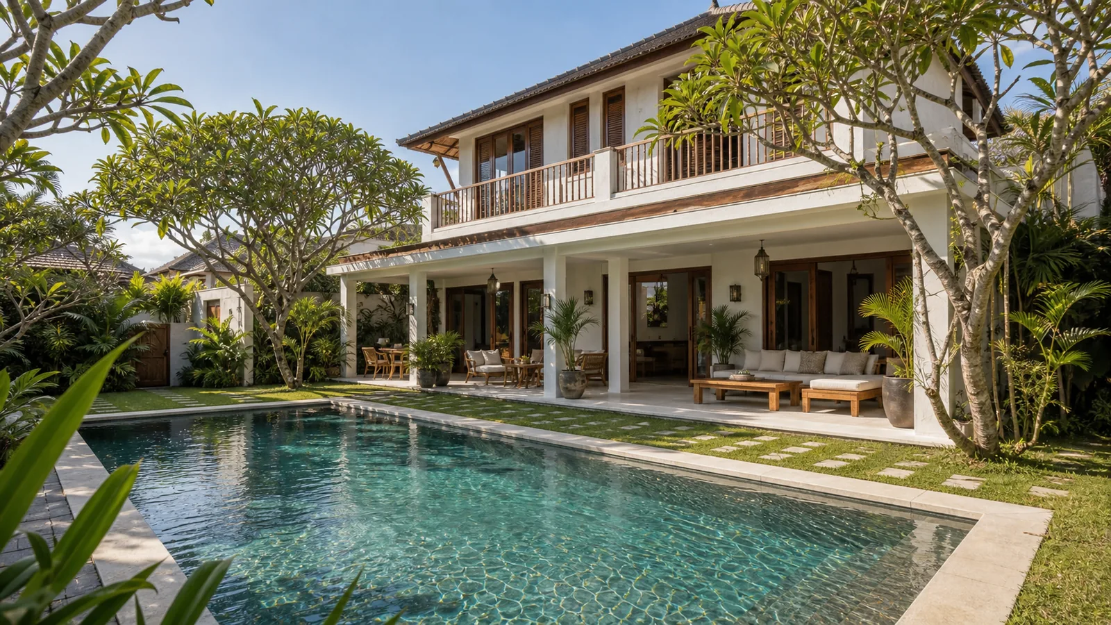 Sanur established residential villa exterior with broad courtyard pool