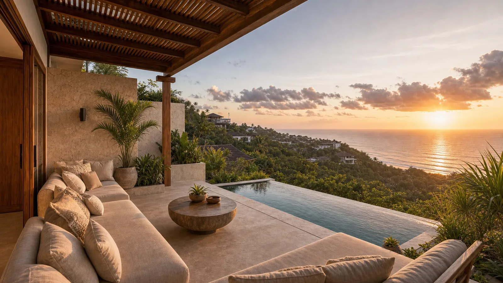 Uluwatu hillside villa terrace overlooking infinity pool and ocean horizon