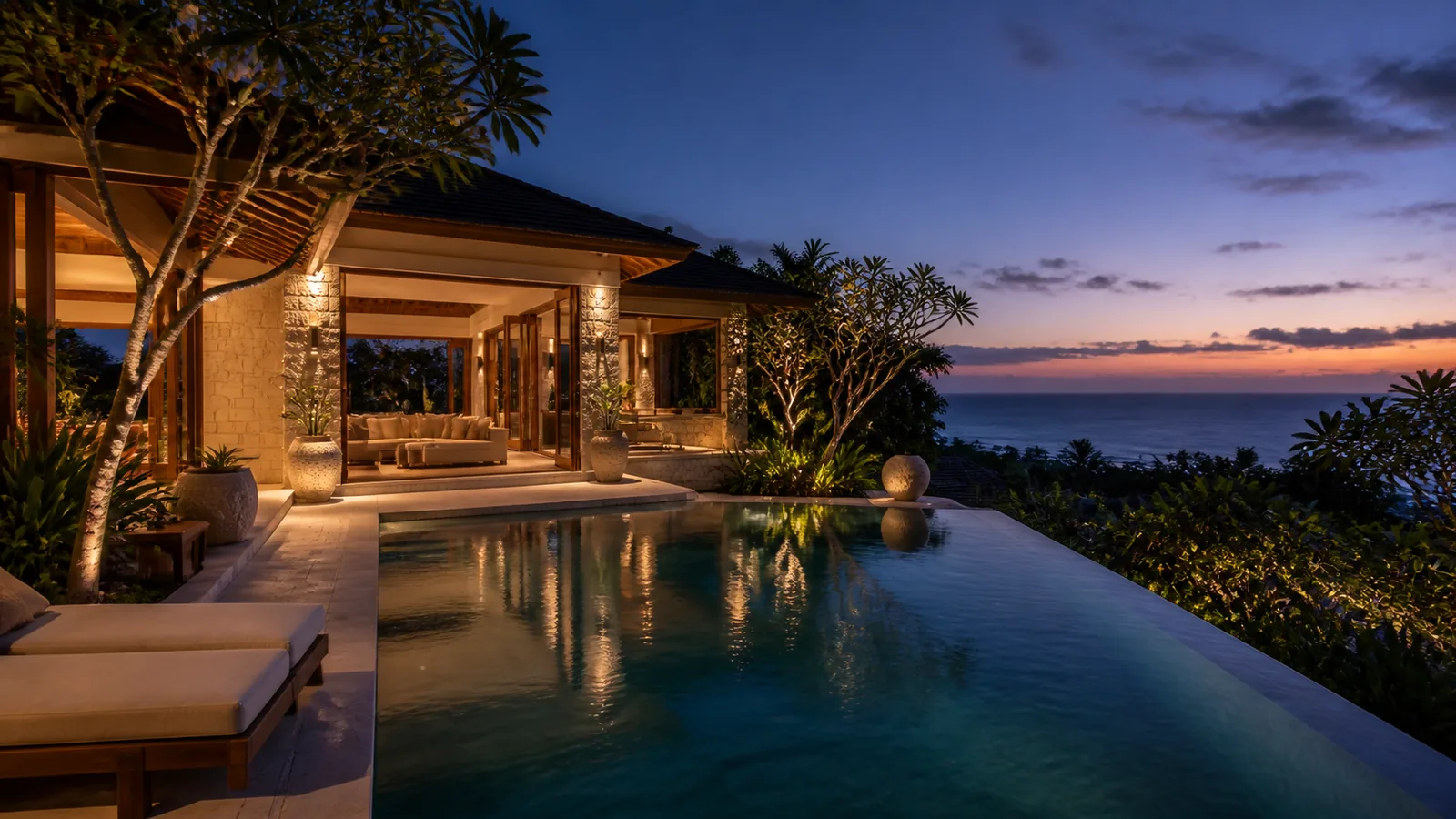 Padang Padang private villa final evening villa scene for Padang Padang Villas for Sale