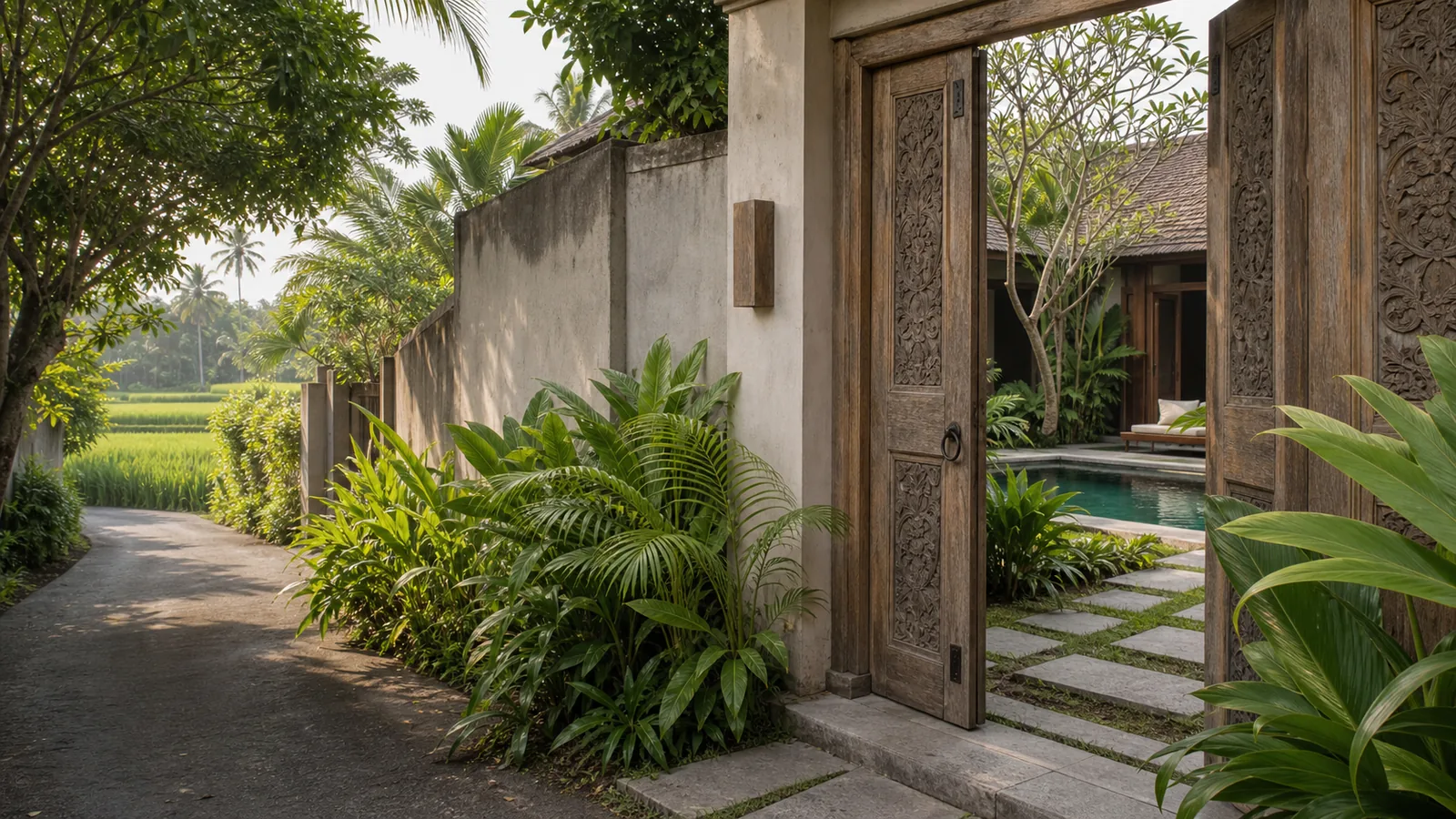 Penestanan Bali villa hero: Penestanan Ubud villa with rice-field edge, garden, pool and village-ridge cues: hero villa scene