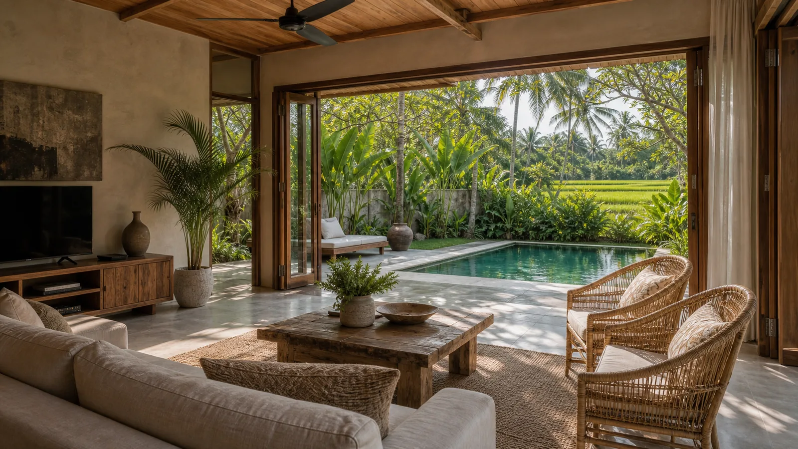 Penestanan Bali villa main room: Penestanan Ubud villa with rice-field edge, garden, pool and village-ridge cues: main room villa scene