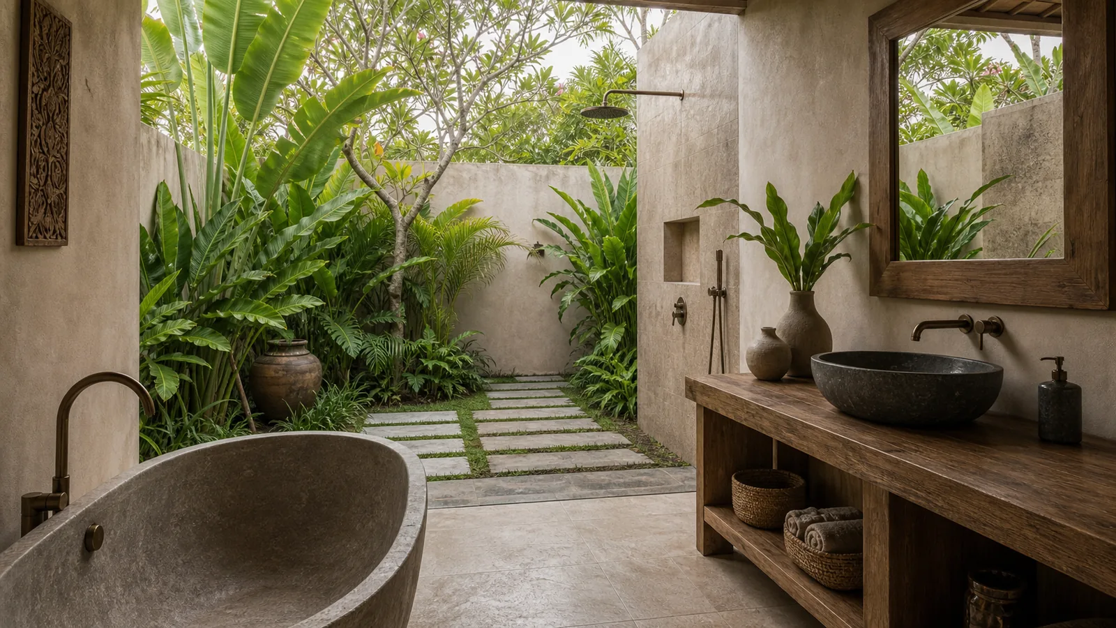 Penestanan Bali villa architecture detail: Penestanan Ubud villa with rice-field edge, garden, pool and village-ridge cues: architecture detail villa scene