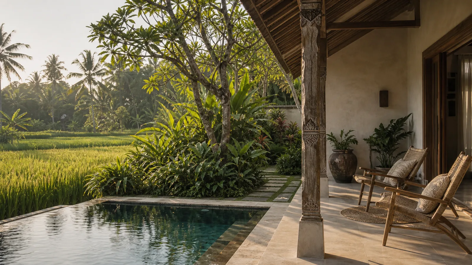Penestanan Bali villa location feel: Penestanan Ubud villa with rice-field edge, garden, pool and village-ridge cues: location feel villa scene