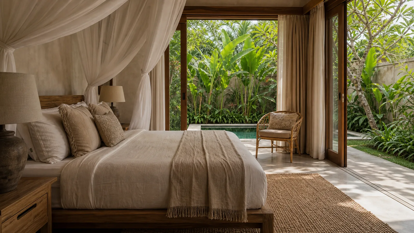 Penestanan Bali villa guest experience: Penestanan Ubud villa with rice-field edge, garden, pool and village-ridge cues: guest experience villa scene