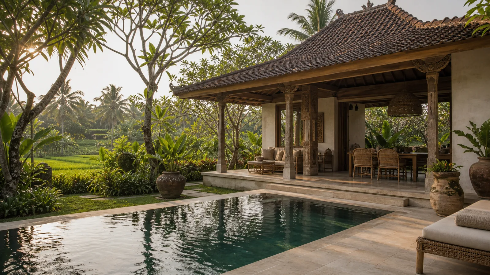 Penestanan Bali villa final villa scene: Penestanan Ubud villa with rice-field edge, garden, pool and village-ridge cues: final villa scene