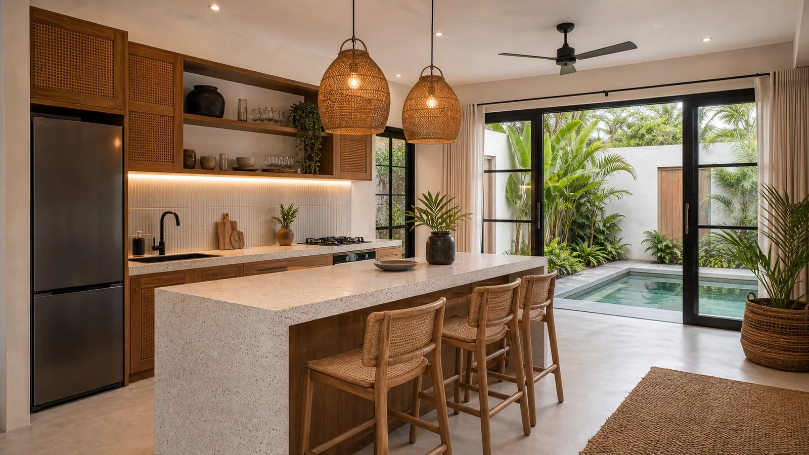 Seminyak renovated villa kitchen overlooking small pool courtyard