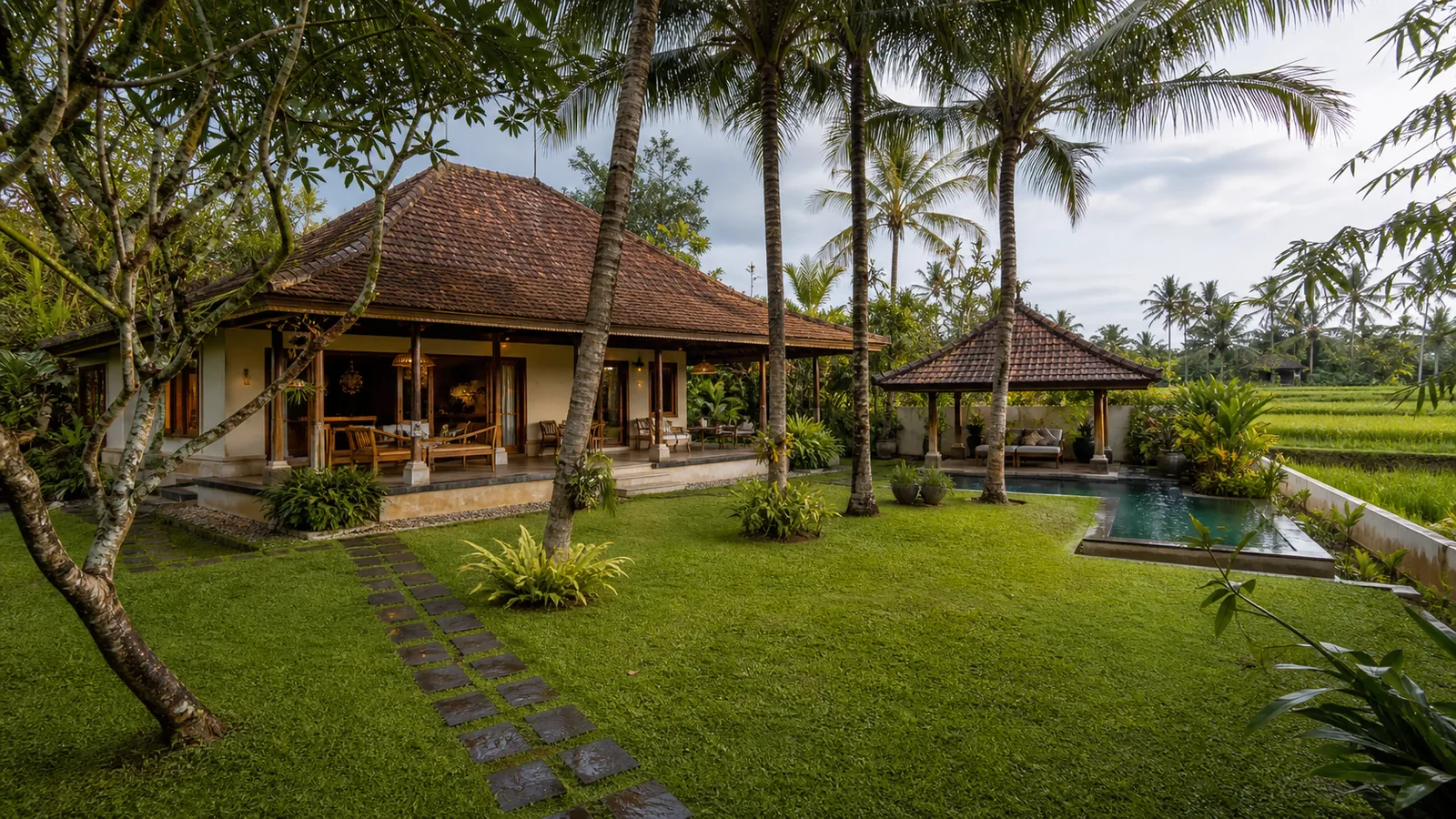 Tabanan larger villa property with broad lawn and pool pavilion