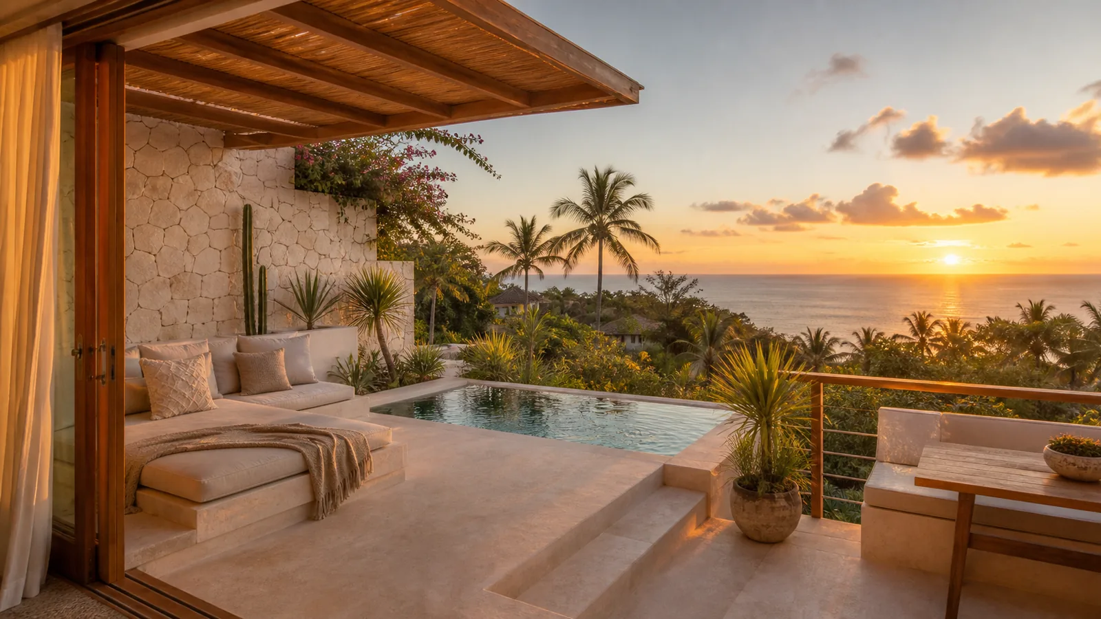 Uluwatu upper-floor villa terrace with plunge pool and ocean horizon