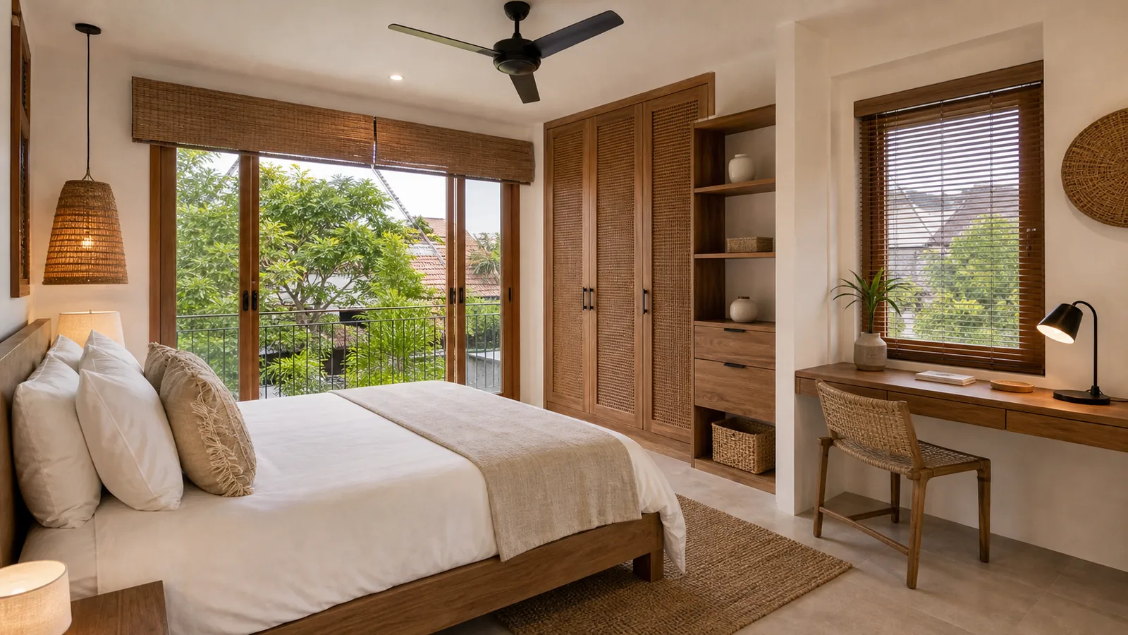 Sanur townhouse-style property bedroom with balcony and workspace