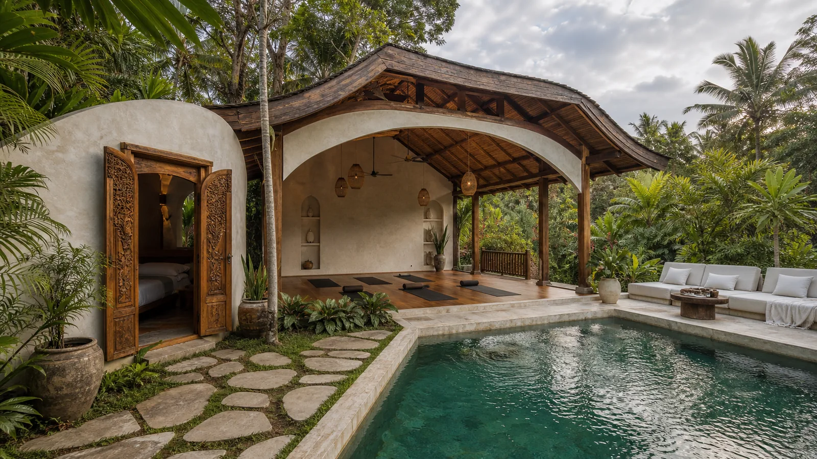 Ubud wellness rental property with pool pavilion and yoga shala