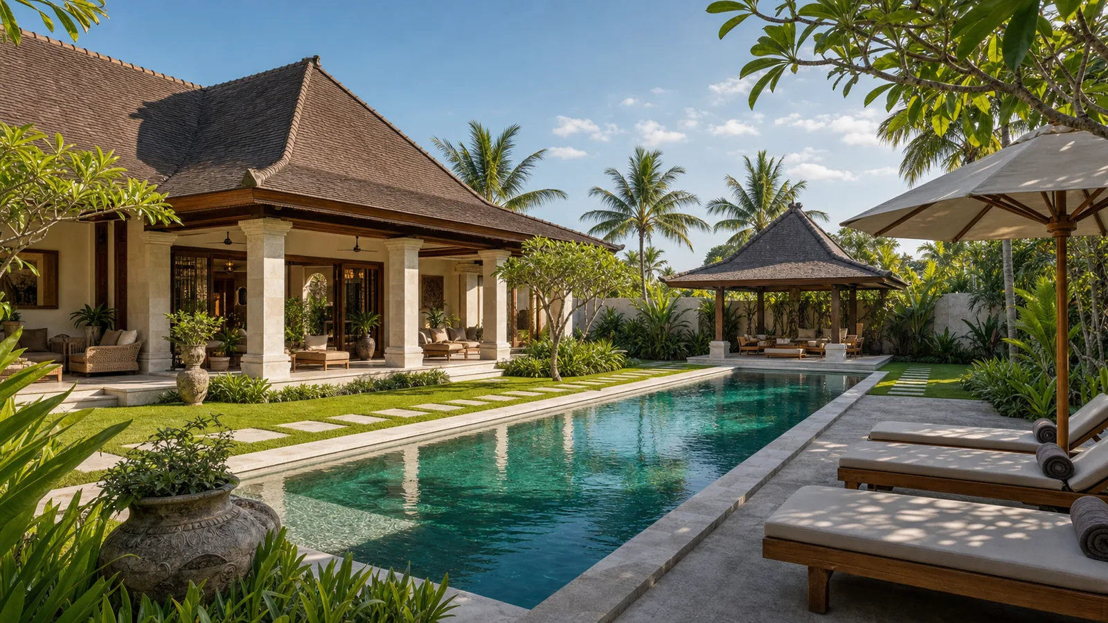 Nusa Dua rental-ready estate villa with long lap pool and pavilion