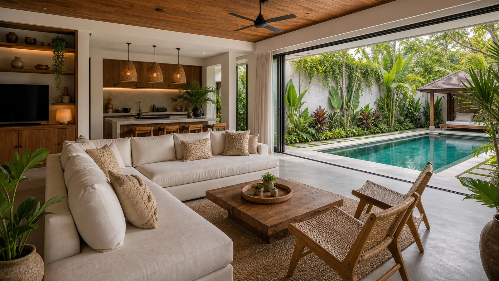 Canggu rental villa living room opening to long pool