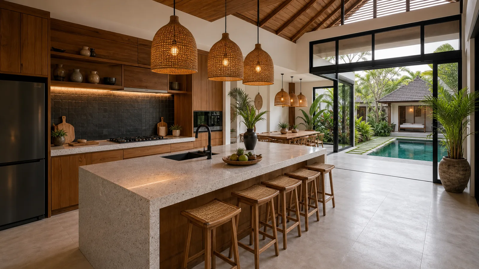 Seminyak villa kitchen and dining pavilion with service-ready layout