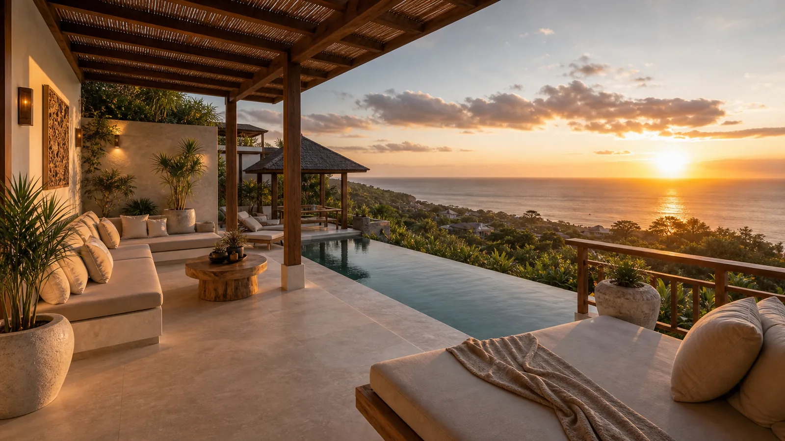 Uluwatu luxury rental villa terrace overlooking infinity pool and ocean