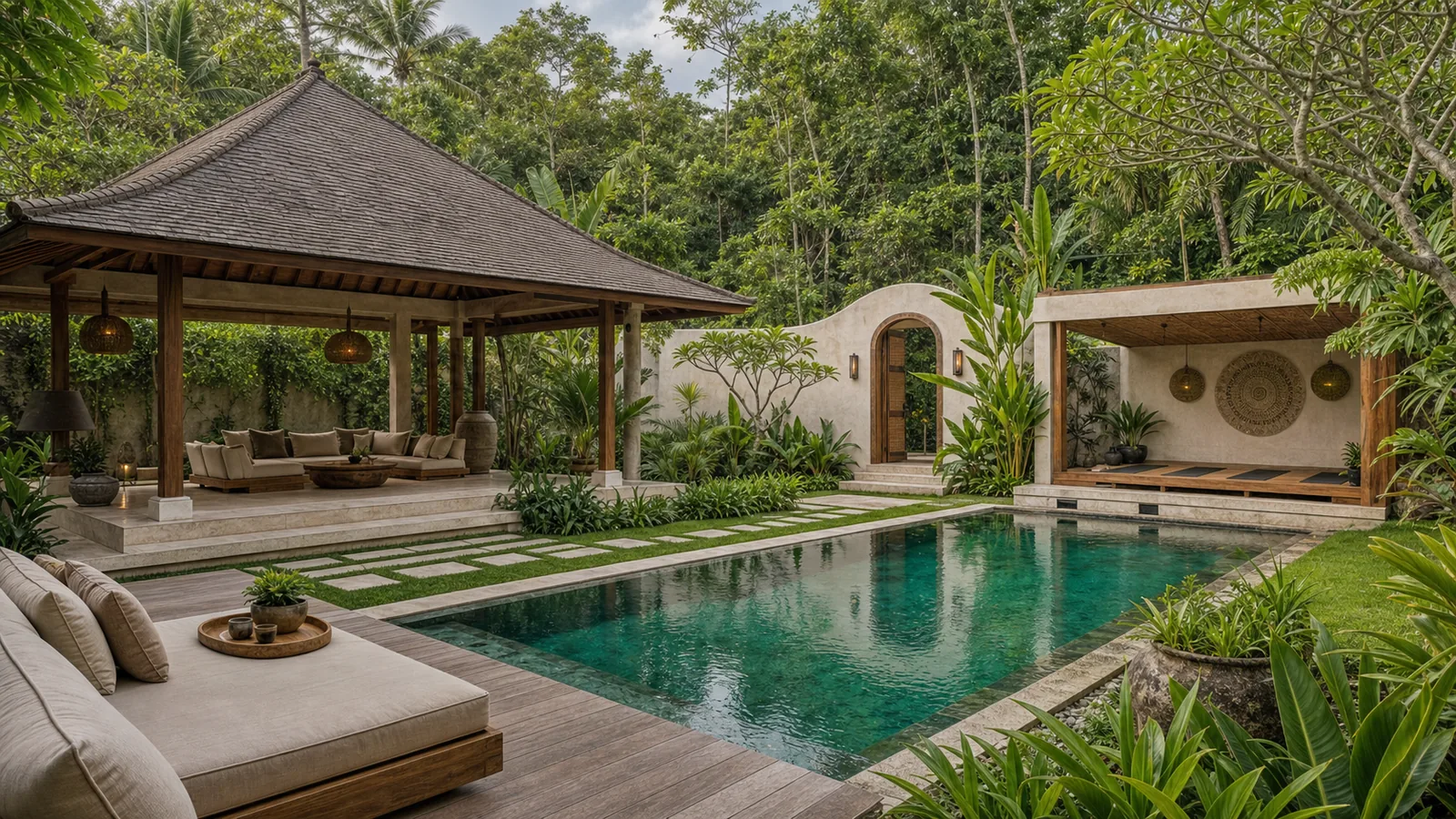 Ubud wellness retreat villa pool pavilion with yoga shala