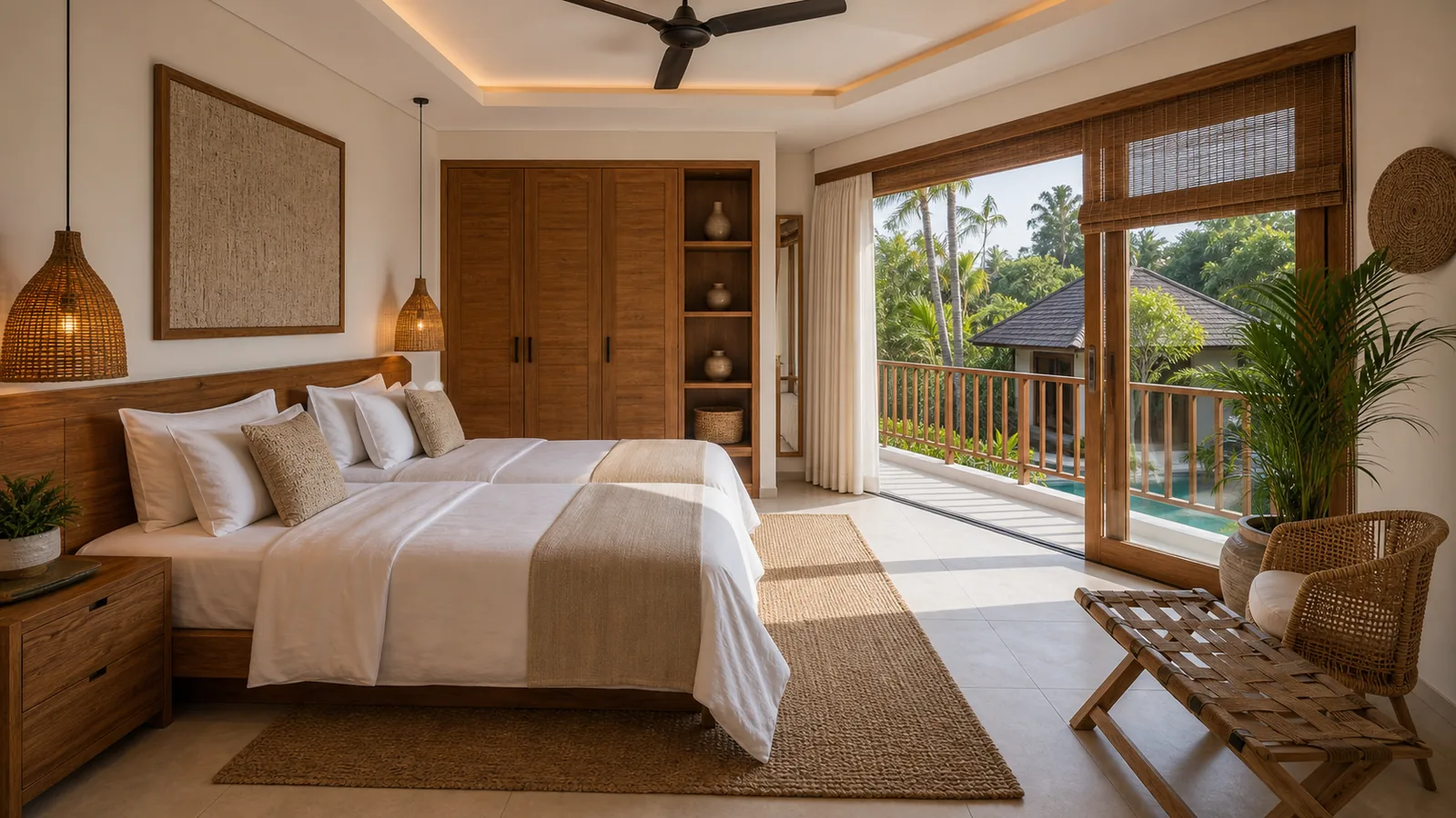 Sanur managed villa guest suite with balcony and pool garden view