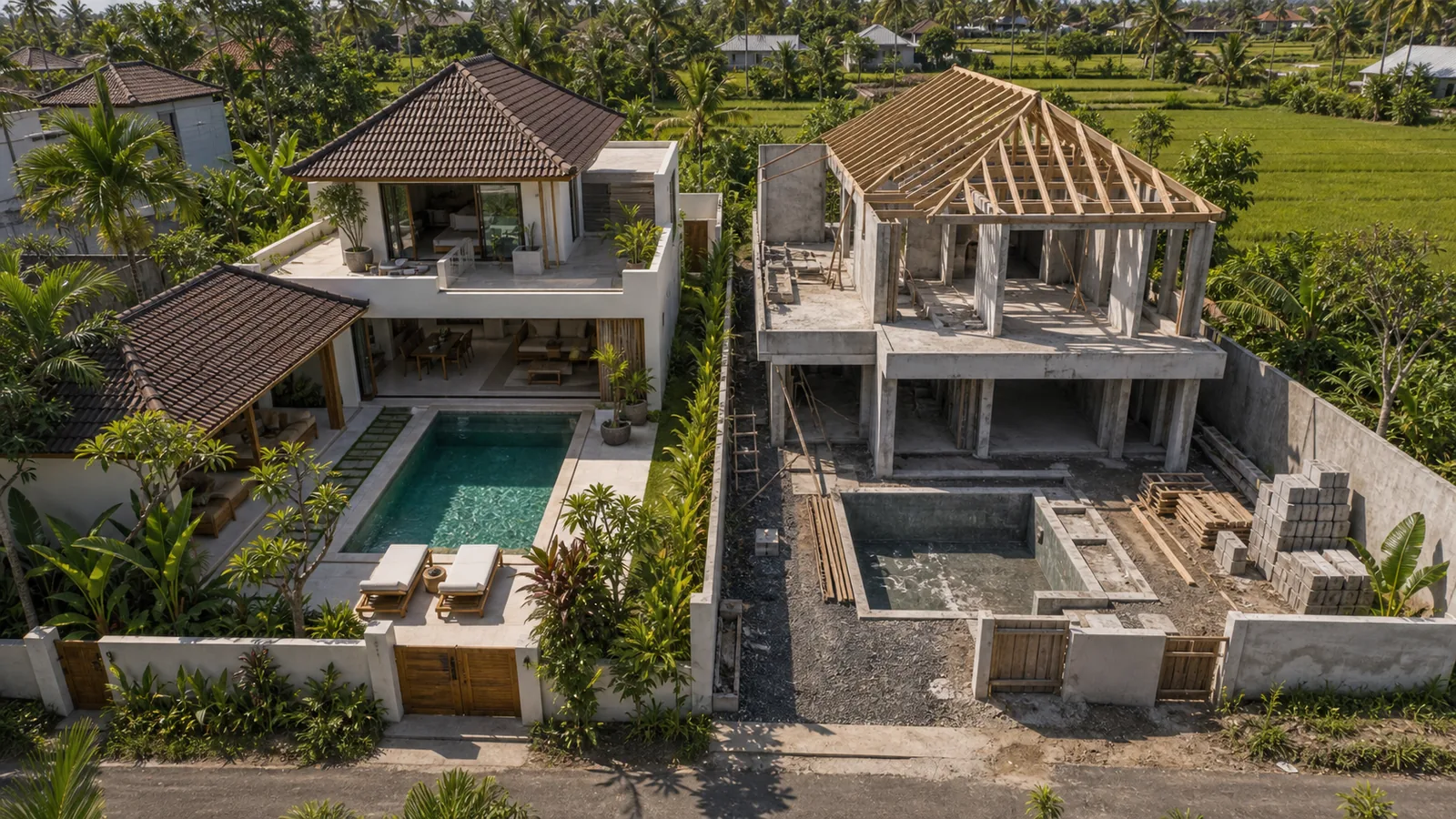 Ready-built and off-plan Bali villas side by side on a development lane