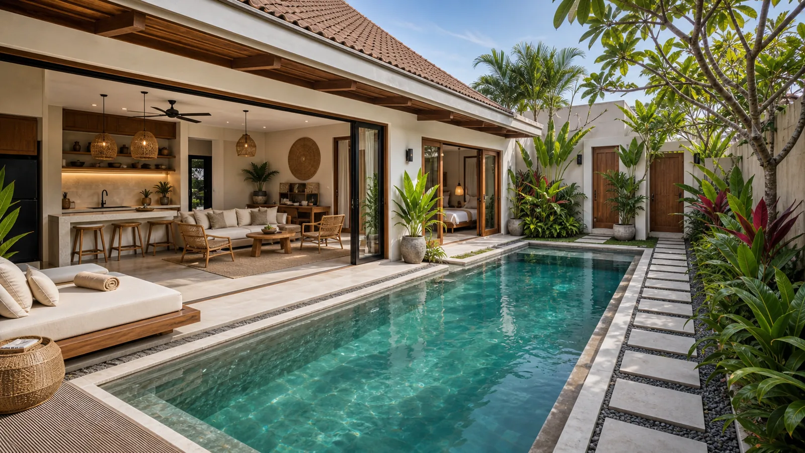 Ready-built Sanur and Canggu villa with finished pool and furniture