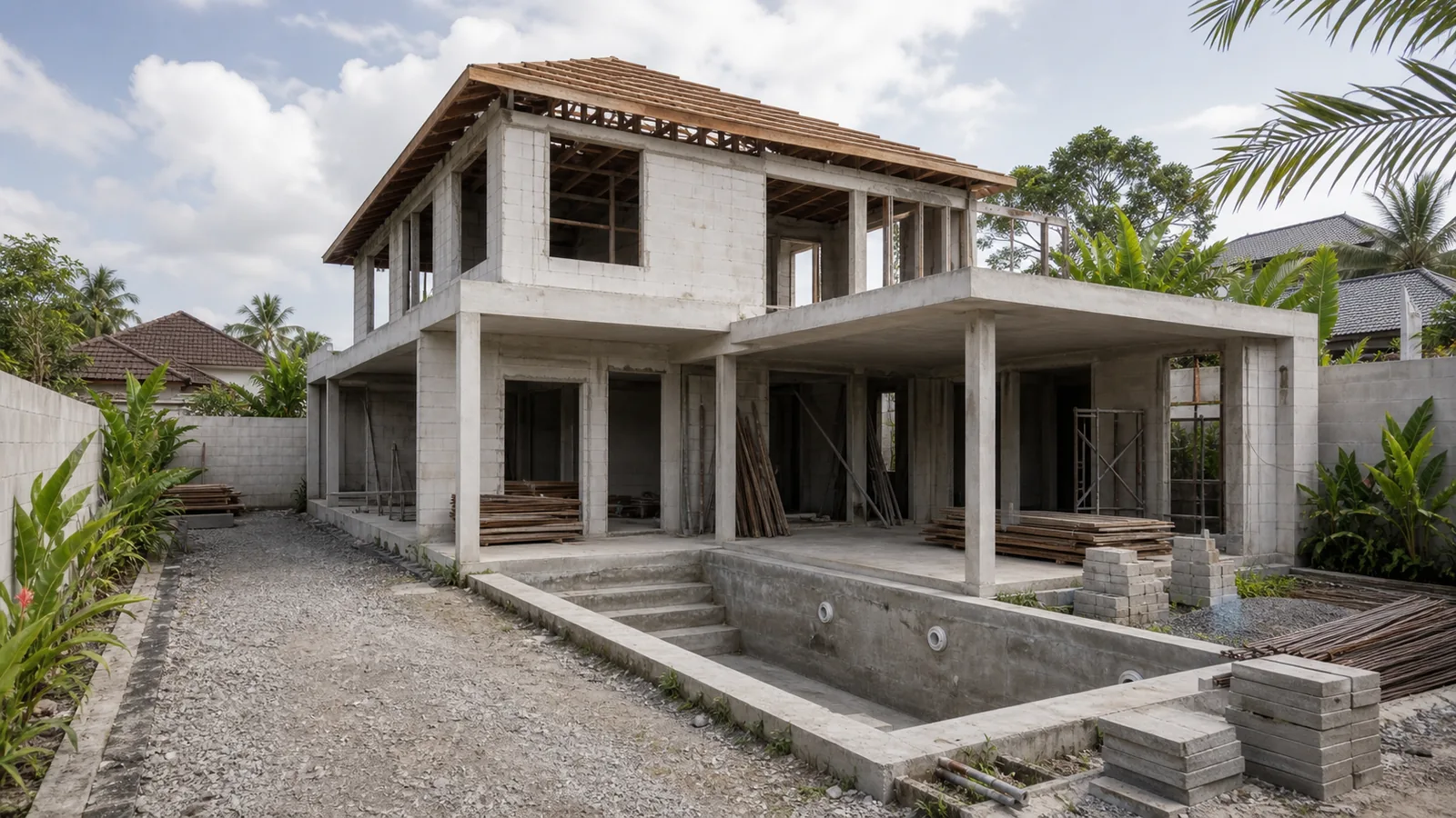 Off-plan Uluwatu and Canggu villa shell with unfinished pool basin