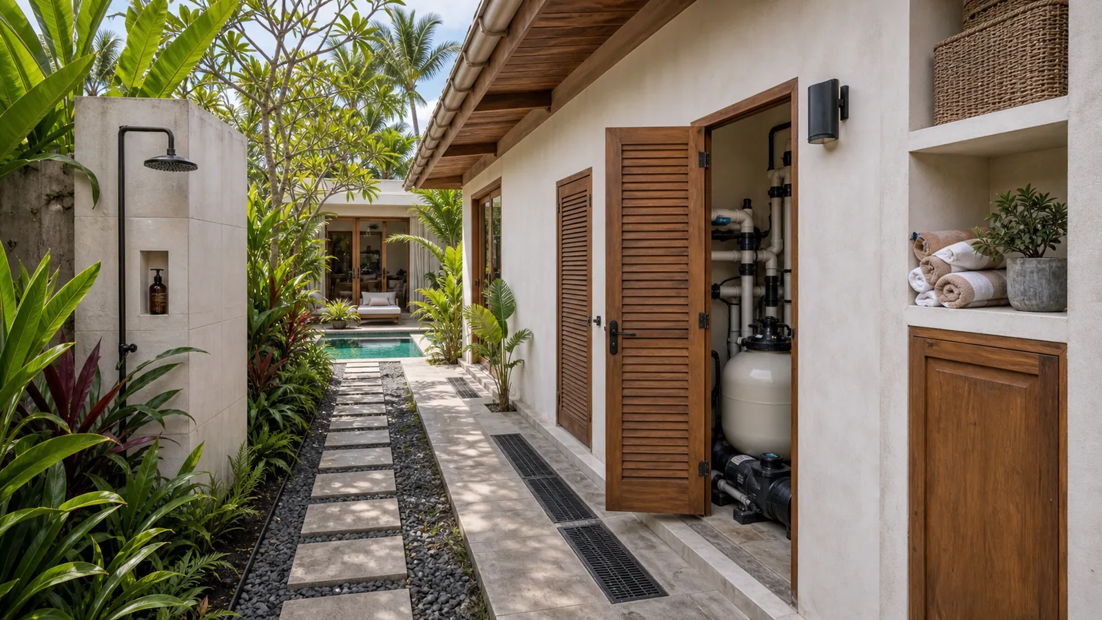 Canggu ready-built villa side passage with inspection details